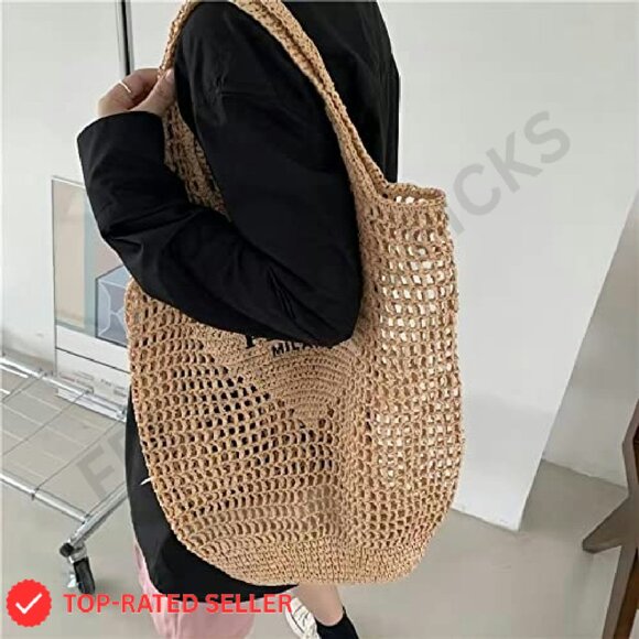 Straw Woven Tote Bag Foldable Large Capacity Boho Beach Shoulder Bag - Picture 4 of 8